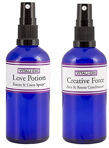Vitali-Chi Creative Force and Love Potion Aura, Lino & Room Spray Bundle – con menta verde e menta piperita, rosa geranio e ylang ylang ylang puro oli essenziali, 100 ml