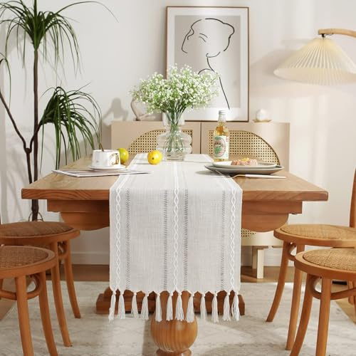 Wracra Tischläufer Beige Baumwoll Leinen, Tischläufer Hohl Bauernhaus | 230cm, Gestickt Hohlsaum Design, Tischläufer Boho Handquasten, Maschinenwaschbar, Esszimmer, Feiertage, Party, Wohnkultur