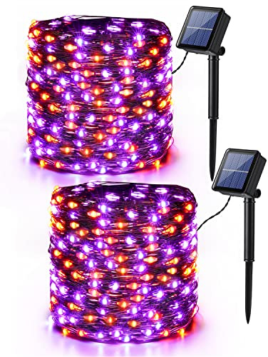 [Lot de 2] Décoration Halloween Guirlande Solaire Orange Violet, BrizLabs 14M 120 LED Guirlande Lumineuse Extérieur Étanche 8 Modes Fil Cuivre Lumières pour Automne Jardin Terrasse Action de Grâces