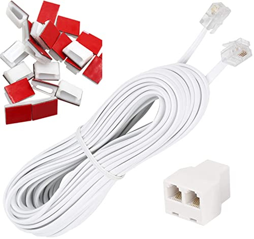 AIMIJIA Phone Cord, 6P4C Black Phone Telephone Extension Cord Cable Line Wire RJ11 6P4C Modular Plug for Landline Telephone Modem Accessory (33ft with Cable Clip Holders-White)