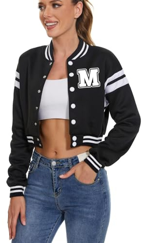 Women's Baseball Varsity Jacket Vintage Crop Top Letter Print College Letterman Coat Bomber Jackets