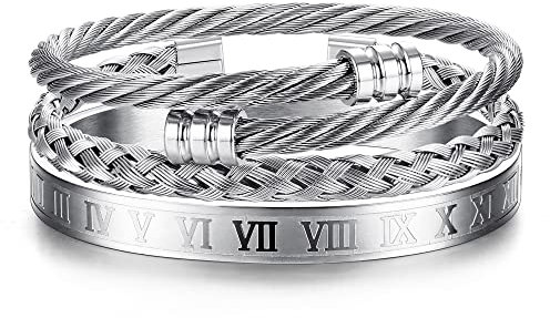JeweBella 3 Stück Armreif Herren Edelstahl Luxus Römische Ziffer Armreif Verstellbar Offen Manschette Armreif Armband Set Silber/Gold/Schwarz