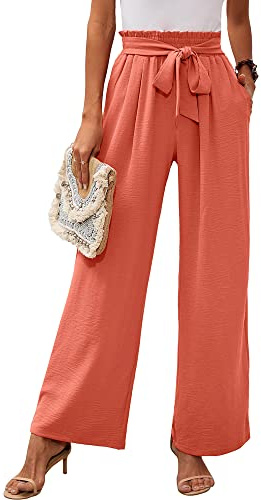 Heymoments Women's Wide Leg Lounge Pants with Pockets Coral Small Lightweight High Waisted Adjustable Tie Knot Loose Comfy Casual Trousers