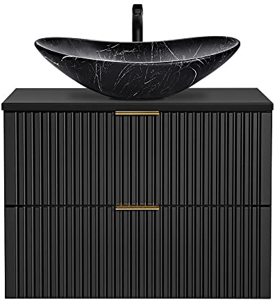 Lomadox Badezimmer Waschtisch, 81cm, matt schwarz gerillt mit Keramik-Waschbecken schwarz marmoriert, B/H/T ca. 80,6/74,7/46,5 cm