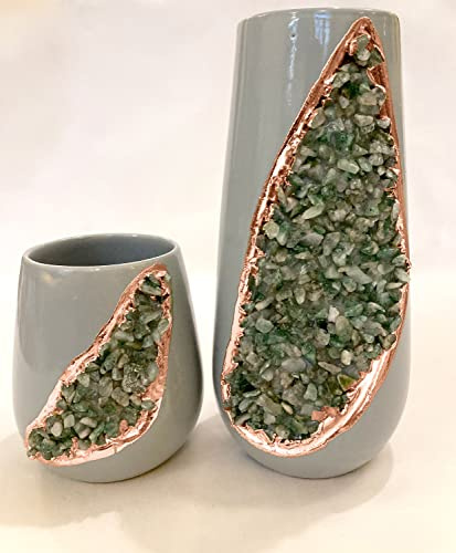 Grey and Gold Ceramic Vase/Planter/Pot/Wine Goblet/Mug with Light Green Semi - Precious Agate Crystal Gemstones |Small (Height 4 inches), (Rose Gold - Finish)