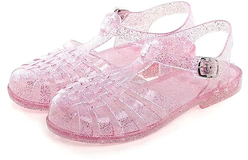 Hee grand Jelly Shoes for Women Summer Flat Sandals T-Strap Slingback Crystal Sandals Retro Rain Shoes Beach Shoes,Pink 8