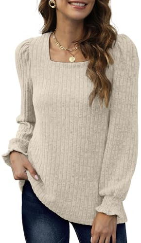 Aokosor Jumpers for Women Lightweight Long Sleeve Tops Ladies Square Neck Sweatshirts Casual Puff Sleeves Beige 18-20