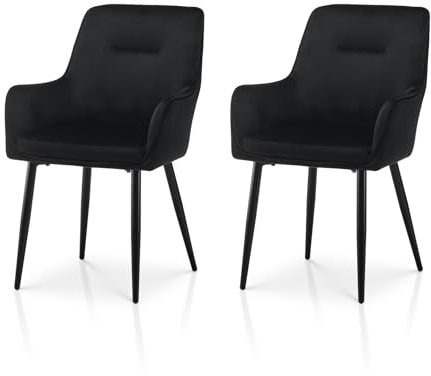 TUKAILAI Esszimmerstühle 2er-Set aus Samt, Küchenstühle mit Armlehnen, Freizeitstühle mit Metallbeinen und Kissen, Esszimmer, Wohnzimmer, Schlafzimmer, Empfangsraum, Restaurant，Schwarz