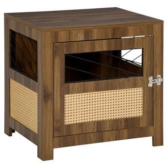 Hundekäfig Möbel mit Kissen Holz Hundehütte Endtisch mit abschließbarer Tür für Miniaturhunde Indoor Walnuss