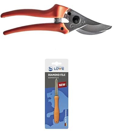 Original LÖWE Set bestehend aus Garten Rosenschere 14.107 zum Schneiden von Rosenbüsche, Rosenzweige, Äste und Schnittblumen & Diamantfeile 0023 für Scheren, Äxte und Werkzeuge