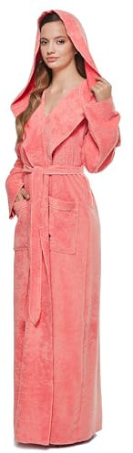 Arus Women's Princess Ankle Long Hooded Turkish Cotton Bathrobe Coral XL