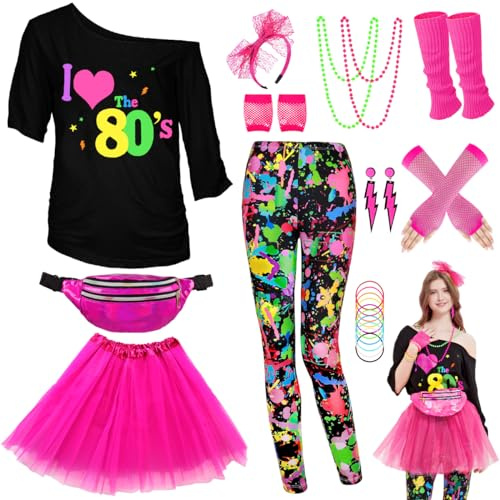 80er 90er Jahre Outfit Leggings Bunte Damen, Neon Kleidung Bauchtasche TuTu Stirnband Ohrring Halskette Netzhandschuhe Stulpen Accessoires, Karneval Halloween Thema Mottoparty Kostüm Hose, M