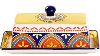 Beurrier en céramique de style bohème avec couvercle, grande boîte à beurre dessinée à la main, assiette à beurre, assiette à dessert, récipient à beurre pour la cuisine ou les repas 20.2X11.5X8CM C