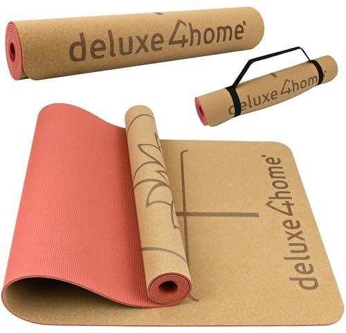deluxe4home® Yogamatte Kork Gymnastikmatte I TPE Fitness Matte Rutschfest mit Tragegurt I Sportmatte für Yoga & Pilates I Trainingsmatte mit Ausrichtungslinien (Rot)