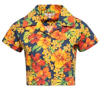 Queen Kerosin Blusa hawaiana para mujer | blusa recortada | blusa de camisa | camiseta hawaiana | hibisco | retro | vintage | crop top | 50s | Rockabella hibiscus, multicolor, S