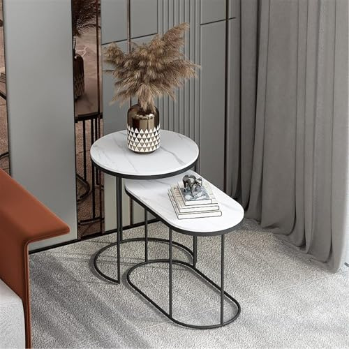FEFE - Modern Nesting Coffee Table Set Of 2, Accent Marble Look Coffee Table & End Table Sets Steel Frame Stacking Side Table For Small Space Living Room Bedroom (White/Black)