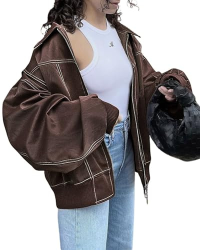 utcoco Women's Faux Leather Motorcycle Jacket Oversized Zip Up Winter Coat Outerwear 2025 Fall Fashion Clothes (Large, Coffee)