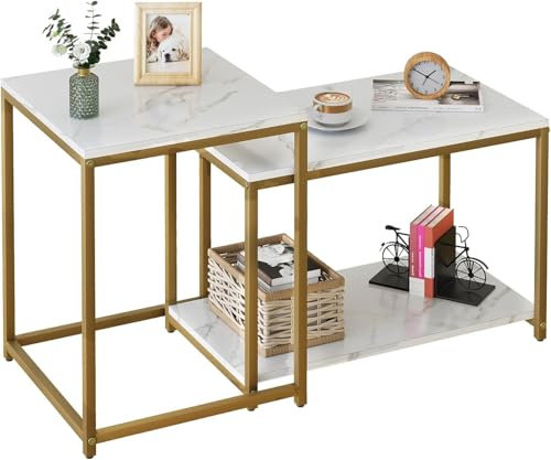 Huhote Nesting Tables, Set of 2 End Table, Coffee Tables, Side Table with Metal Frame for Living Room/Bedroom/Balcony/Office/Apartment, Diameter 23.6/15.7 IN (Black Frame, Black Marble Top)