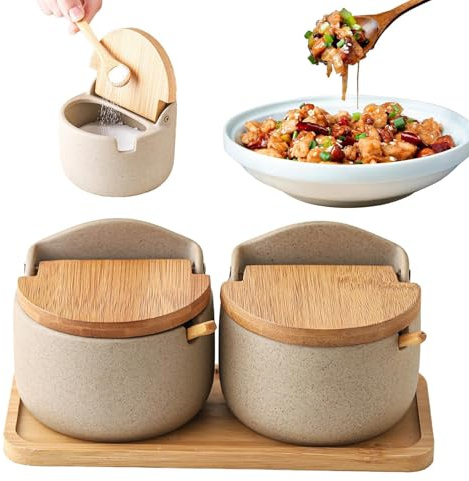 Salero con tapa de madera - Caja de condimentos de cerámica, 2 tazones de almacenamiento de azúcar, salero | Tarro de especias con cubierta de madera de cerámica, juego de tarros de azúcar y sal para