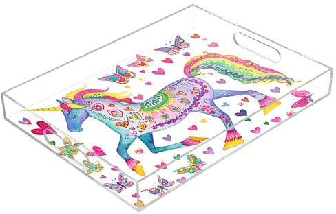 Butterfly Unicorn Acrylic Serving Trays, Clear Rectangular Tray with Handles Serving Platter for Coffee Table Kitchen Bathroom