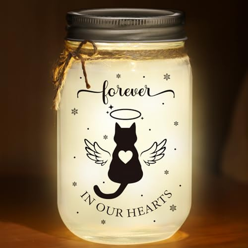 Glooglitter Cat Memorial Gifts for Loss of Cat Mason Jar Night Light Pet
