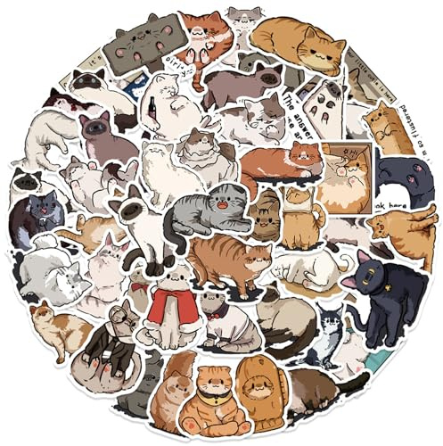 Kabwea 50 Multi-colored Cartoon Cat Stickers, Cute Stickers for Laptops, Notebooks & More, Indoor Use, Plastic Material, Eclectic Style