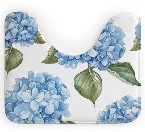 Blue Hydrangea Pattern Toilet Rugs U Shaped Washable Toilet Mats for Bathroom Non Slip Contour Bathroom Rug Soft Absorbent Microfiber Bath Mat Cute Toilet Carpet Floor Mat 20 X 16 Inches