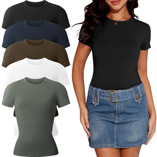 YOIOWVY Womens T-Shirts Basic Tops Short Sleeve Fitted Crew Neck 5Pcs | Viscose blend,ultra-soft & stretchy.Slim fit.Ideal for Pilates,office,dating,dance & everyday wear