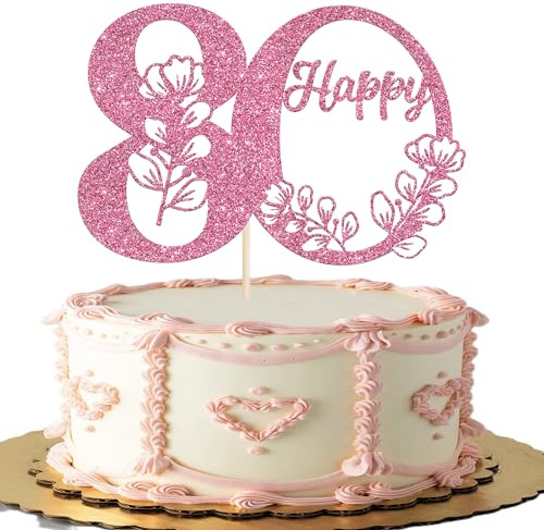 Xsstarmi 1 Pack Happy 80th Birthday Cake Topper Pink Glitter 80 Cake Pick Cheers to 80 Birthday Cake Decorations for Happy 80th Anniversary Party Cake Decoration Supplies