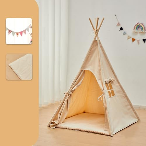 ZBELLO Teepee Tent for Kids, 70.9 in/180 cm Kids Play Tent with Mat, Boys and Girls Playhouse, Canvas Fabric, Wooden Frame (Tent + Mat)