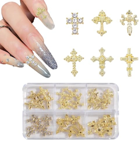 SanKristo 60 pièces strass 3D en forme croix nail art, breloques dorées brillants ongles Décorations en pierres précieuses bricolage manucure cadeaux fabrication bijoux ensemble pierres précieuses