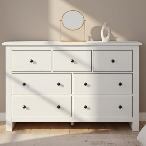 Aislinglen Cassettiera 7 Cassetti, 152 cm Larghezza, Cassettiera Camera da Letto Bianca, Madia Soggiorno, Madia Ingresso Per Camera da Letto, Soggiorno, Cucina, 40P x 152L x 88.5H cm
