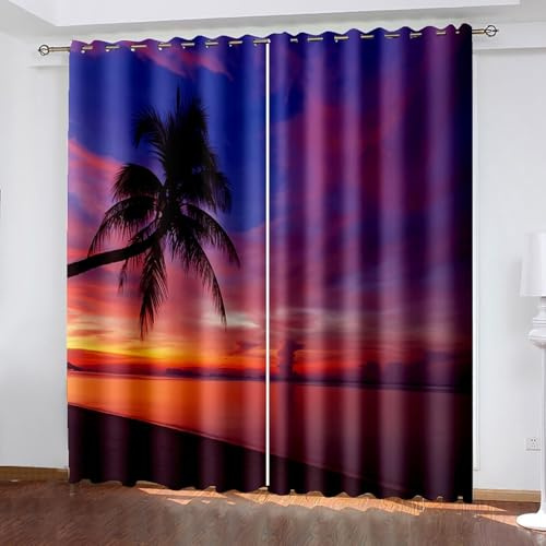 Aotiwe Tende da cucina moderne, tenda soggiorno arancione blu viola palma paesaggio mare poliestere 2 pannelli 304,8 x 274,3 cm