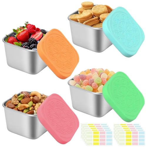 MOSTFUN 4 Pack 6oz Stainless Steel Small Food Containers with Silicone Lids | Leakproof Reusable Snack Pots with 10 Sheets Labels for Yogurt Salad Sauce Lunch (4 Colors)