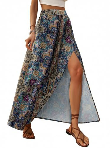 Zeagoo Falda Larga Mujer Verano Elegante Sólido Faldas Cintura Alta Elástica A Línea Faldas Falda de Playa con Abertura S-XXL