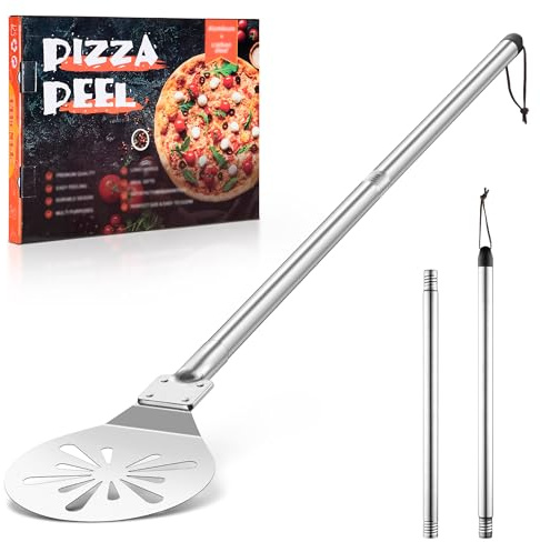 Herogo 7 Inch Pizza Turning Peel, Stainless Steel Perforated Pizza Paddle | Metal Pizza Peel with Stainless Steel Detachable Handle, Round Turning Peel Ideal for Indoor & Outdoor Oven, 115.5cm Length