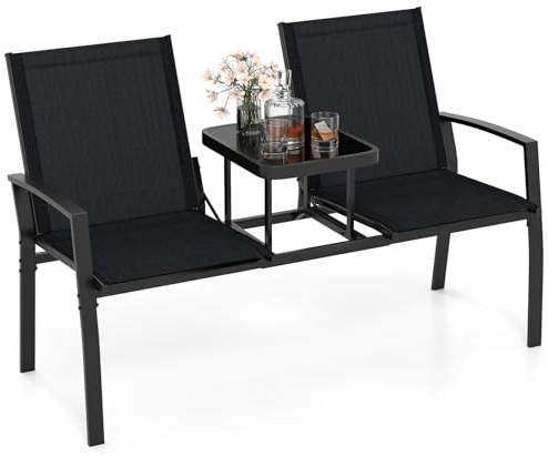 COSTWAY Gartenbank mit Tisch, 2-Sitzer Sitzbank mit atmungsaktivem Stoff | Balkonbank, Balkonmöbel, Bank, Sitzgruppe für Balkon, Garten, Terrasse, 137 x 66 x 87 cm, Schwarz