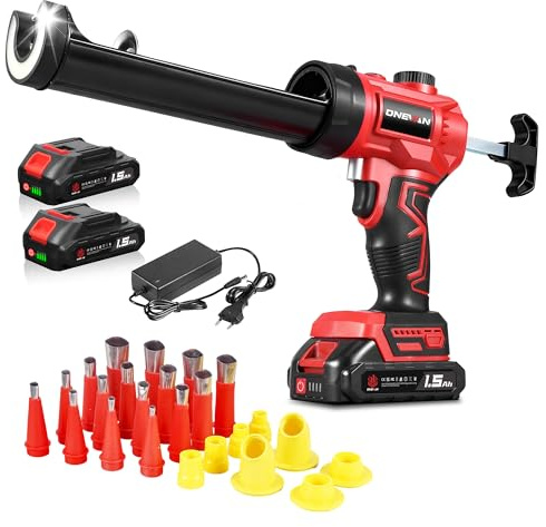 ONEVAN Batteripatronpress, 300 ml elektrisk silikonpistol med steglös hastighetskontroll och LED-ljus, patronpistol inkl. 24 munstycken, 2 x 1,5 Ah-batterier, för tätning, tätningsmedel och