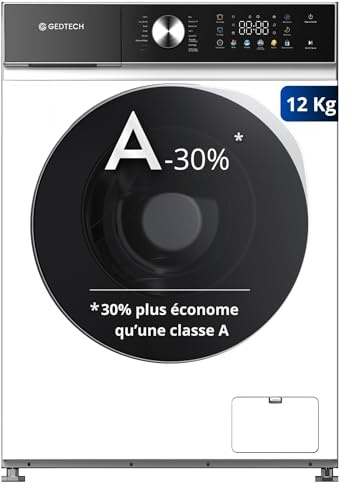 GEDTECH Lave-linge frontal GLLPS121400WH - 12 Kg - 1400 tr/mn - 16 programmes - Eco - Intensif - Rapide – Très Faible conso - Panneau commande LED couleur