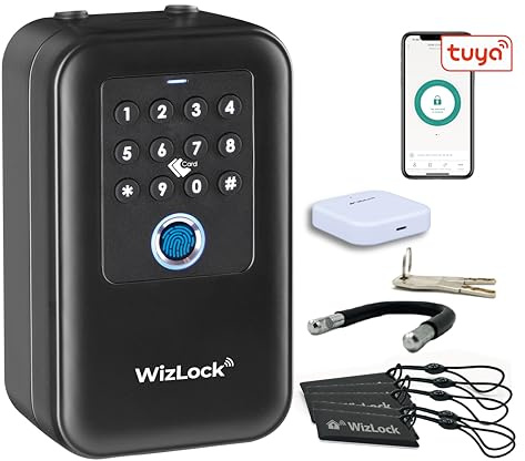 WizElek - Smart Tuya nyckelskåp med inkluderad Bluetooth/Wi-Fi gateway - Exklusiv Öppen/Stängd sensor - Fördubblad batteritid - Fingeravtryck, Smartphone, Koder, 5 RFID-märken, 2 nycklar - IP66