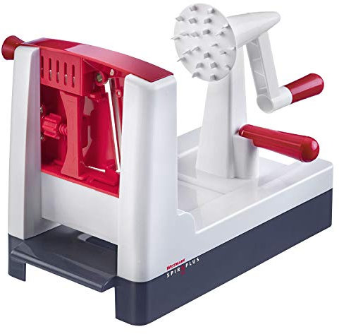 Westmark Gemüse-Spiralschneider mit 1 Schneideinsatz für 4 Spiralvarianten, Schneidstärke verstellbar, Rostfreier Edelstahl/Kunststoff, Spiro Plus, Weiß/Dunkelgrau/Rot, 97132260