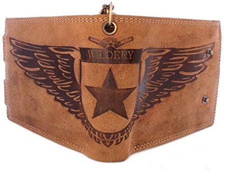 Wildery ® Herren Leder Geldbörse im Querformat mit Kette Braune Brieftasche Herren Portemonnaie Voll-Leder Adler Börse Portmonee
