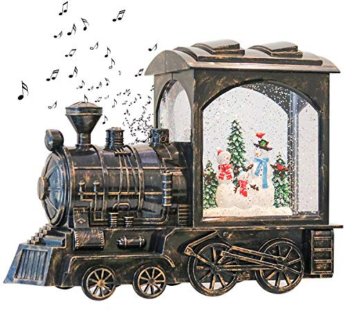 GenSwin Christmas Train Snowman Battery Operated Musical Lighted Water Snowing Glittering Snow Globe Lantern with Timer, Christmas Home Decoration and Gift(Copper)