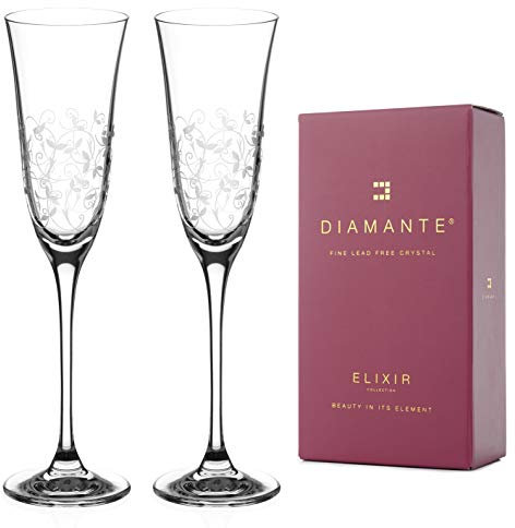DIAMANTE Champagne Flutes Crystal Prosecco Glasses - ‘Floral’ Collection Hand Etched Glasses - Set of 2