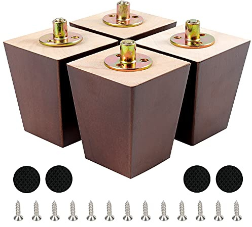 CtopoGo Lot de 4 Pieds de Meuble carrés en Bois Massif avec boulons pré-percés, vis et Coussinets en Caoutchouc. (3/ 8cm, Noyer)