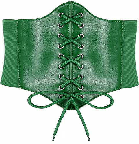 Hoerev Damen Mädchen Elastisch Breites Band Elastisch Gebunden Waspie Korsett Taille Gürtel Bustiers Korsetts，Grün mit Knopf，S