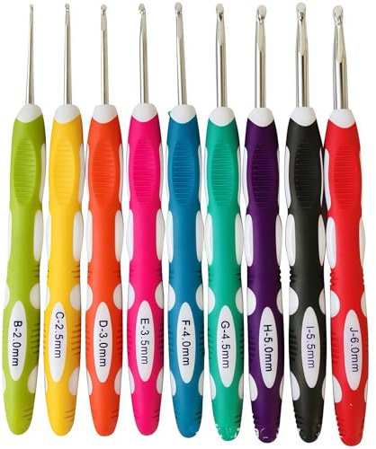 Lot de 9 crochets ergonomiques avec poignées longues et douces - Aiguilles à tricoter pour mains arthritiques Taille B à J 2,0 mm - 6,0 mm