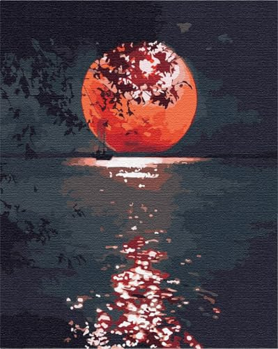 Artnapi Malen nach Zahlen Erwachsene mit Rahmen | DIY Handgemalt | Rote Mond und Meer | Kit für Anfänger und Erwachsene | Set inklusive Acrylfarben & Pinsel | 40x50cm Leinwand | Ideal als Geschenk