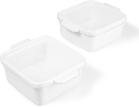 Souper Cubes Stoneware - 5 x 5 Baking Dishes for Oven with Silicone Covers, Premium Mini Ceramic Baking Dishes, Perfect for Reheating Individual Portions in Oven or Microwave, Set of 2 - White