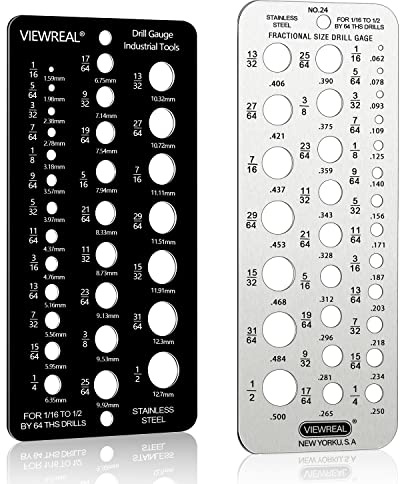 Drill Bit Gauge, Stainless Steel Drill Size Gauge Tool with 29 Holes for 1/16” to 1/2” Bits - Includes Fractional & Metric Sizes, 2-Pack (Black+Silver)